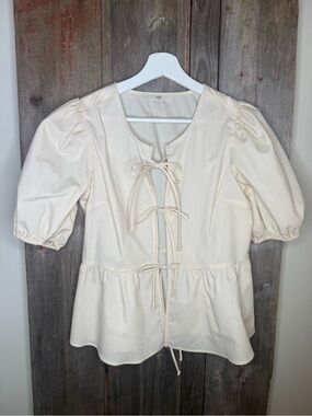 NLT Cream Woven Puff Sleeve Tie Front Blouse Small